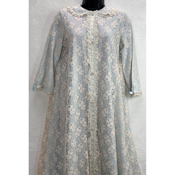 Vintage 1950's-60s Miss Elaine Women's Dressing Gown Blue with Cream Lace - Picture 2 of 12